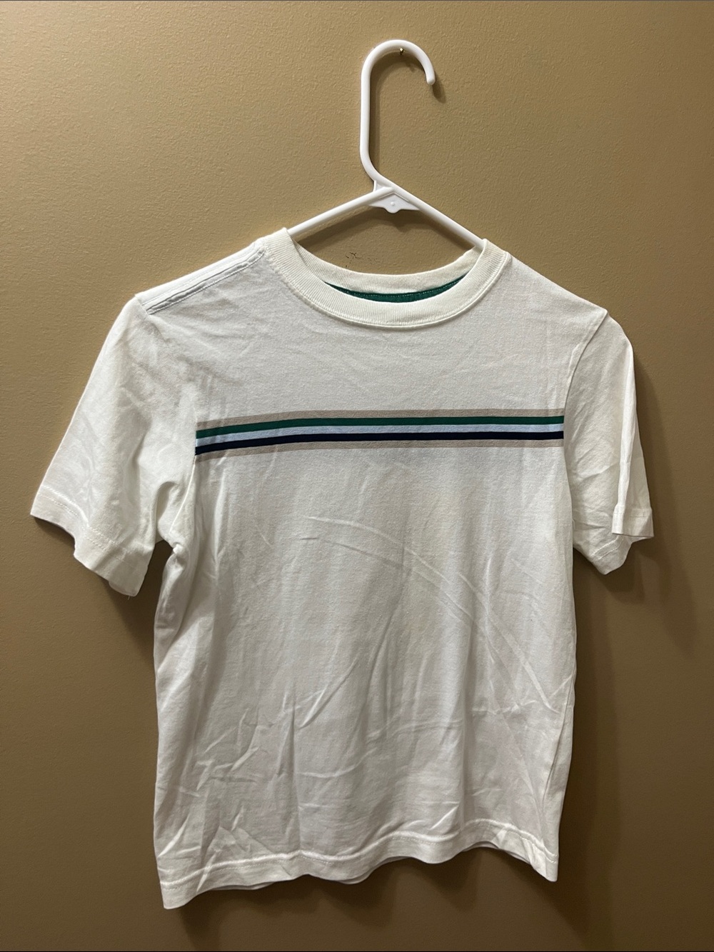 Cherokee White Tee with Teal, Navy and Gray Chest Stripes